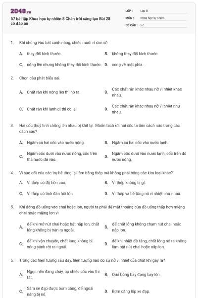 57 bài tập Khoa học tự nhiên 8 Chân trời sáng tạo Bài 28 có đáp án