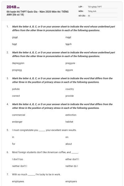 Đề luyện thi THPT Quốc Gia - Năm 2020 Môn thi: TIẾNG ANH (Đề số 18)