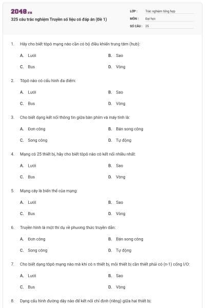 325 câu trắc nghiệm Truyền số liệu có đáp án (Đề 1)
