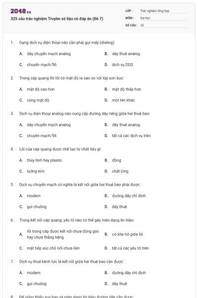 325 câu trắc nghiệm Truyền số liệu có đáp án (Đề 7)