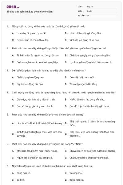 30 câu trắc nghiệm: Lao động và việc làm