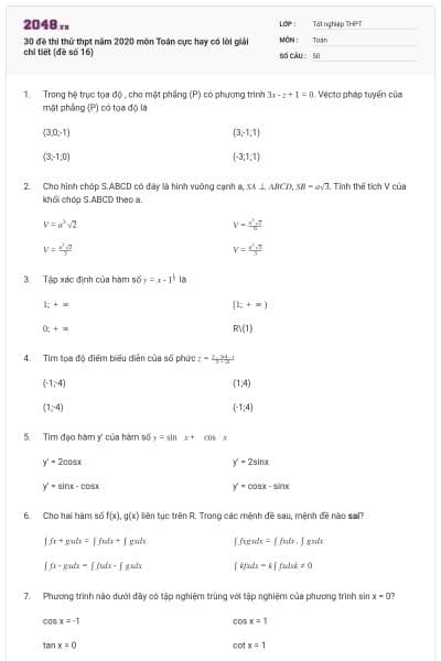 30 đề thi thử thpt năm 2020 môn Toán cực hay có lời giải chi tiết (đề số 16)