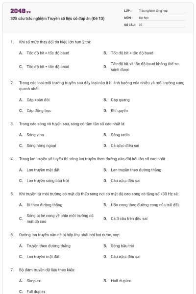 325 câu trắc nghiệm Truyền số liệu có đáp án (Đề 13)