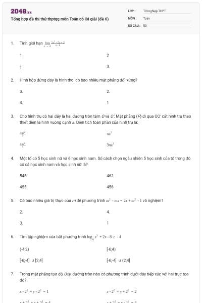 Tổng hợp đề thi thử thptqg môn Toán có lời giải (đề 6)