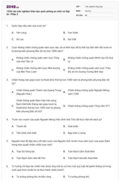 1530 câu trắc nghiệm Giáo dục quốc phòng an ninh có đáp án- Phần 2