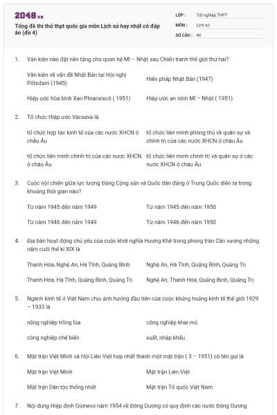Tổng đề thi thử thpt quốc gia môn Lịch sử hay nhất có đáp án (đề 4)