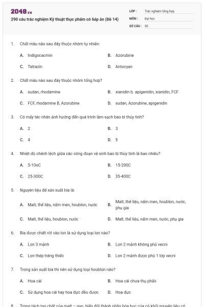 290 câu trắc nghiệm Kỹ thuật thực phẩm có 6áp án (Đề 14)