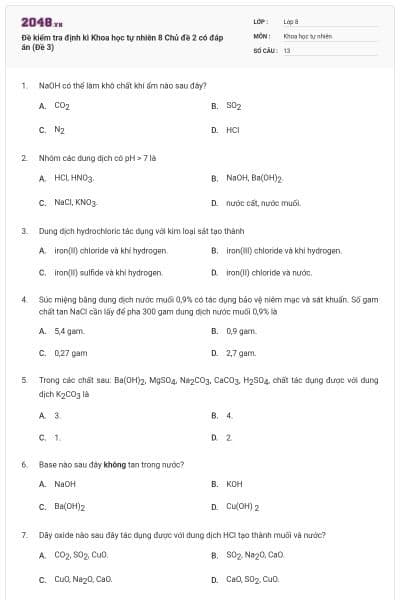 Đề kiểm tra định kì Khoa học tự nhiên 8 Chủ đề 2 có đáp án (Đề 3)