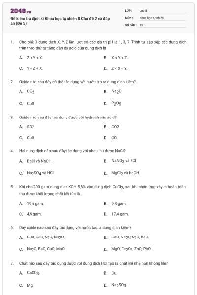 Đề kiểm tra định kì Khoa học tự nhiên 8 Chủ đề 2 có đáp án (Đề 5)