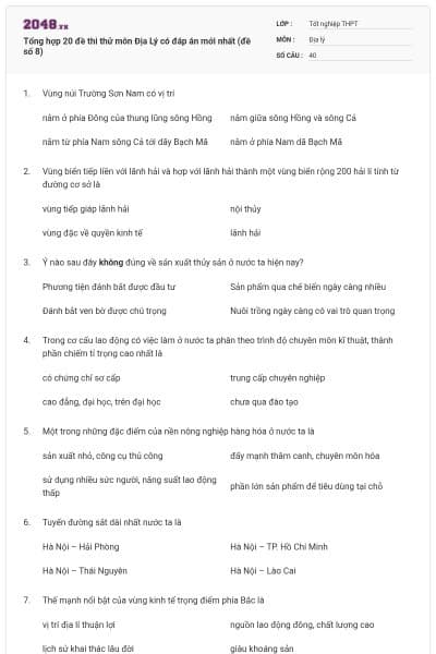 Tổng hợp 20 đề thi thử môn Địa Lý có đáp án mới nhất (đề số 8)