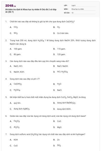 Đề kiểm tra định kì Khoa học tự nhiên 8 Chủ đề 2 có đáp án (Đề 7)