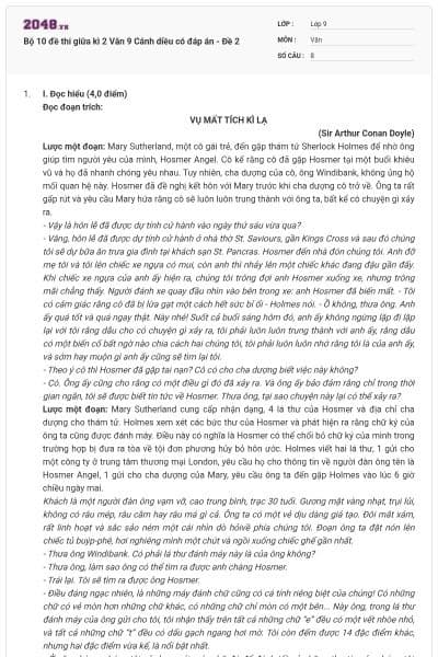 Bộ 10 đề thi giữa kì 2 Văn 9 Cánh diều có đáp án - Đề 2