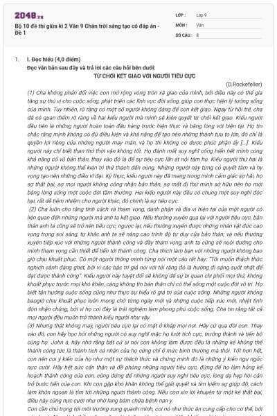 Bộ 10 đề thi giữa kì 2 Văn 9 Chân trời sáng tạo có đáp án - Đề 1