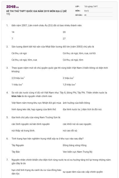 ĐỀ THI THỬ THPT QUỐC GIA NĂM 2019 MÔN ĐỊA LÍ (ĐỀ 11)