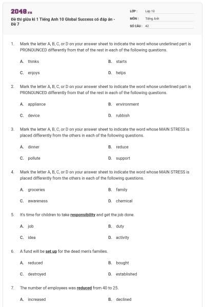 Đề thi giữa kì 1 Tiếng Anh 10 Global Success có đáp án - Đề 7