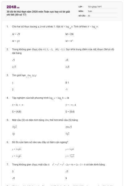 30 đề thi thử thpt năm 2020 môn Toán cực hay có lời giải chi tiết (đề số 17)