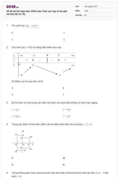 30 đề thi thử thpt năm 2020 môn Toán cực hay có lời giải chi tiết (đề số 18)