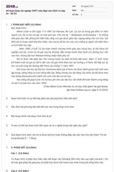 Đề tham khảo tốt nghiệp THPT môn Ngữ văn 2025 có đáp án - Đề 54