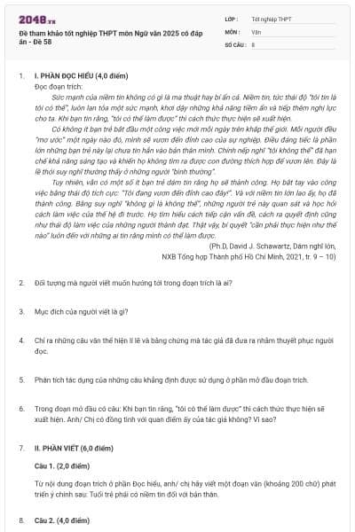 Đề tham khảo tốt nghiệp THPT môn Ngữ văn 2025 có đáp án - Đề 58