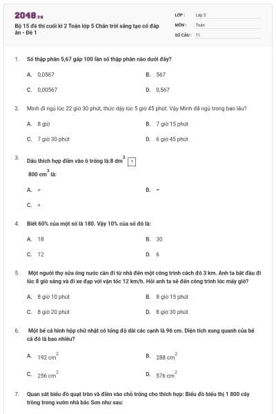 Bộ 15 đề thi cuối kì 2 Toán lớp 5 Chân trời sáng tạo có đáp án - Đề 1