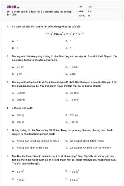 Bộ 15 đề thi cuối kì 2 Toán lớp 5 Chân trời sáng tạo có đáp án - Đề 5