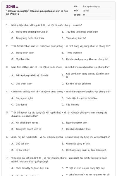 1530 câu trắc nghiệm Giáo dục quốc phòng an ninh có đáp án- Phần 10