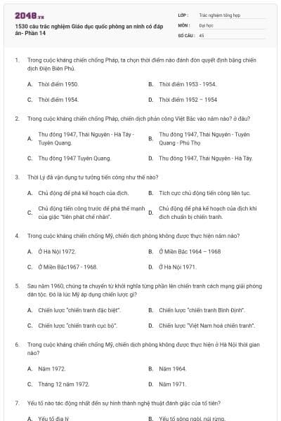 1530 câu trắc nghiệm Giáo dục quốc phòng an ninh có đáp án- Phần 14