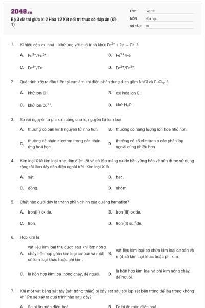 Bộ 3 đề thi giữa kì 2 Hóa 12 Kết nối tri thức có đáp án (Đề 1)