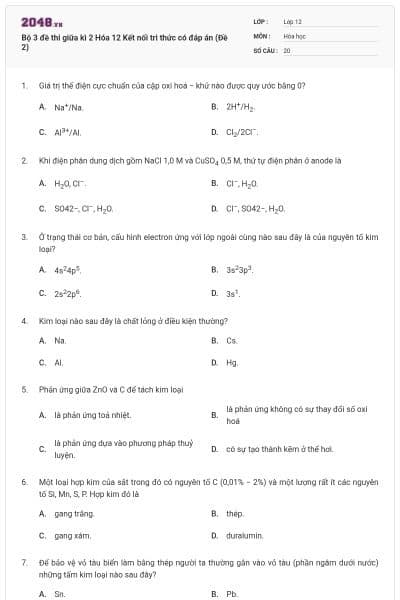 Bộ 3 đề thi giữa kì 2 Hóa 12 Kết nối tri thức có đáp án (Đề 2)