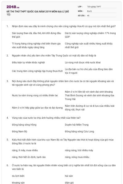 ĐỀ THI THỬ THPT QUỐC GIA NĂM 2019 MÔN ĐỊA LÍ (ĐỀ 12)