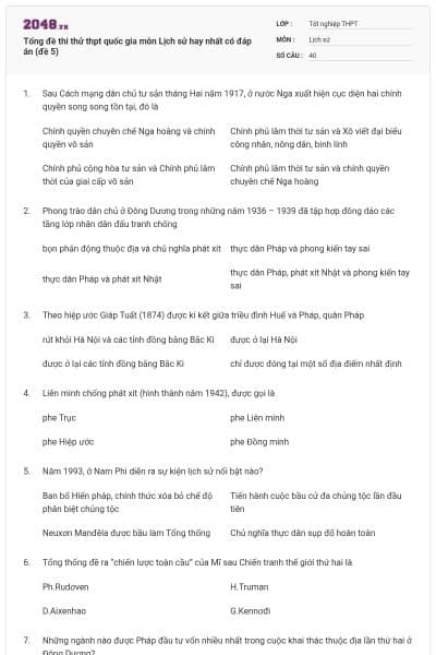 Tổng đề thi thử thpt quốc gia môn Lịch sử hay nhất có đáp án (đề 5)