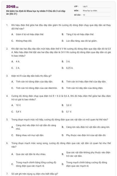 Đề kiểm tra định kì Khoa học tự nhiên 9 Chủ đề 3 có đáp án (Đề 21)
