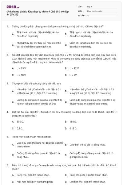 Đề kiểm tra định kì Khoa học tự nhiên 9 Chủ đề 3 có đáp án (Đề 23)