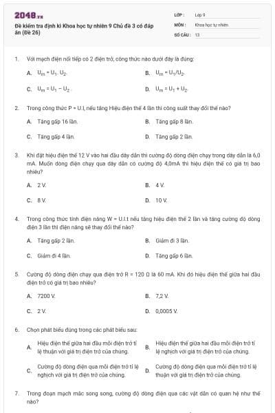 Đề kiểm tra định kì Khoa học tự nhiên 9 Chủ đề 3 có đáp án (Đề 26)