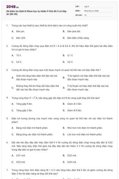 Đề kiểm tra định kì Khoa học tự nhiên 9 Chủ đề 3 có đáp án (Đề 28)