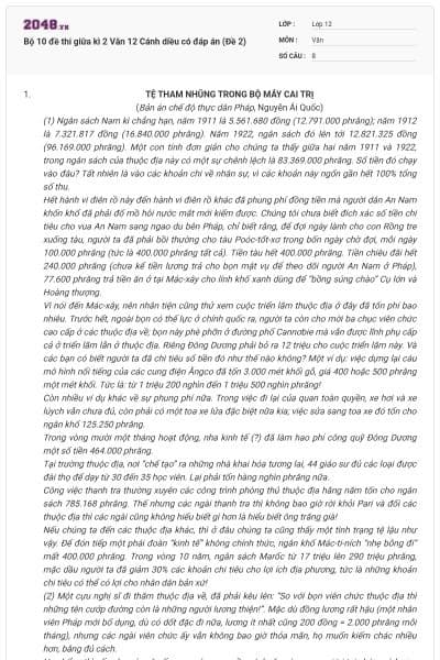 Bộ 10 đề thi giữa kì 2 Văn 12 Cánh diều có đáp án (Đề 2)