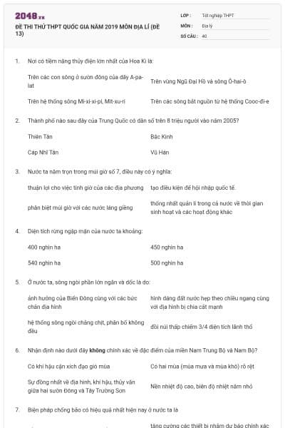 ĐỀ THI THỬ THPT QUỐC GIA NĂM 2019 MÔN ĐỊA LÍ (ĐỀ 13)
