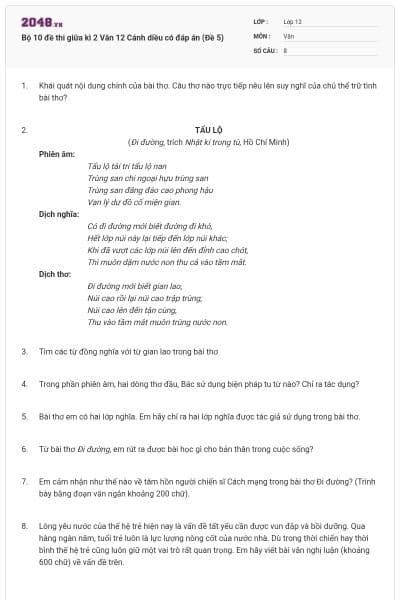 Bộ 10 đề thi giữa kì 2 Văn 12 Cánh diều có đáp án (Đề 5)