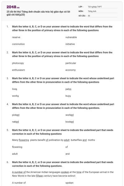 25 đề thi thử Tiếng Anh chuẩn cấu trúc bộ giáo dục có lời giải chi tiết(p20)