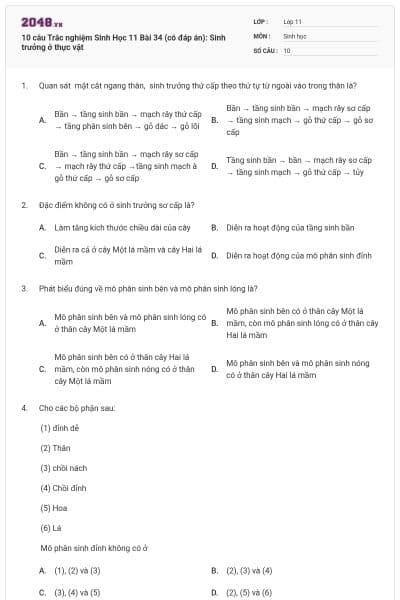 10 câu Trắc nghiệm Sinh Học 11 Bài 34 (có đáp án): Sinh trưởng ở thực vật