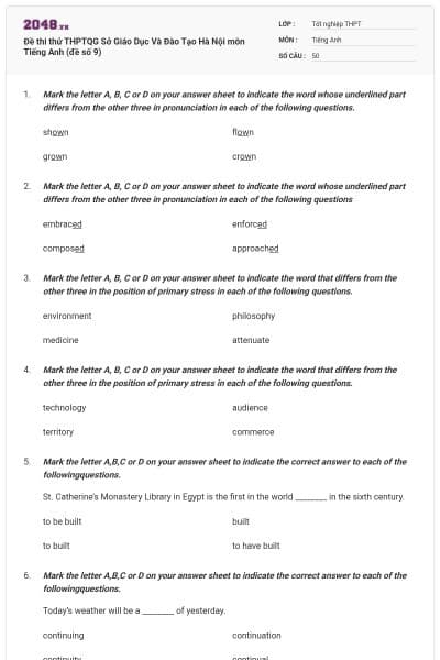 Đề thi thử THPTQG Sở Giáo Dục Và Đào Tạo Hà Nội môn Tiếng Anh (đề số 9)