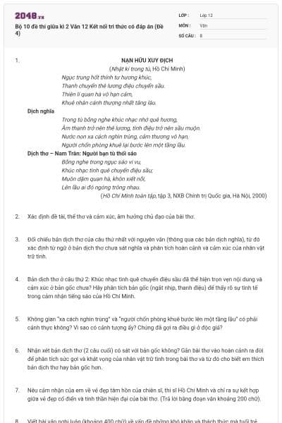 Bộ 10 đề thi giữa kì 2 Văn 12 Kết nối tri thức có đáp án (Đề 4)