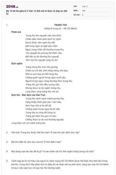 Bộ 10 đề thi giữa kì 2 Văn 12 Kết nối tri thức có đáp án (Đề 6)