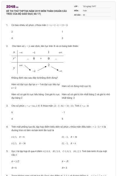 ĐỀ THI THỬ THPTQG NĂM 2019 MÔN TOÁN CHUẨN CẤU TRÚC CỦA BỘ GIÁO DỤC( Đề 17)