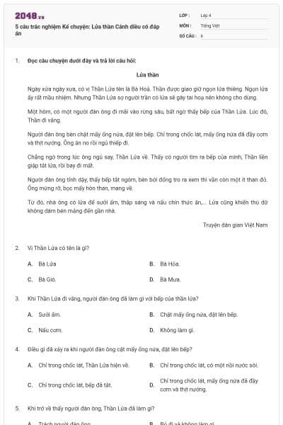 5 câu trắc nghiệm Kể chuyện: Lửa thần Cánh diều có đáp án