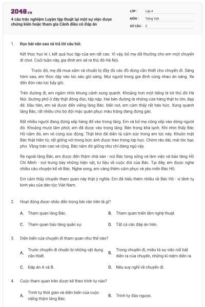 4 câu trắc nghiệm Luyện tập thuật lại một sự việc được chứng kiến hoặc tham gia Cánh diều có đáp án