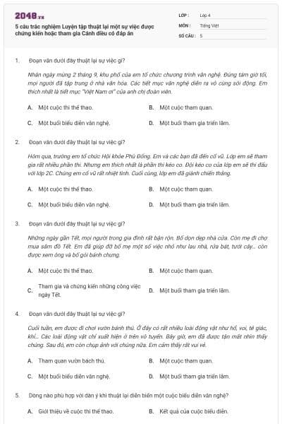 5 câu trắc nghiệm Luyện tập thuật lại một sự việc được chứng kiến hoặc tham gia Cánh diều có đáp án