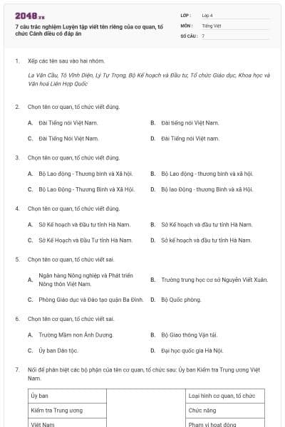 7 câu trắc nghiệm Luyện tập viết tên riêng của cơ quan, tổ chức Cánh diều có đáp án