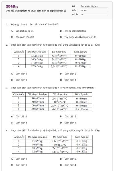 306 câu trắc nghiệm Kỹ thuật cảm biến có đáp án (Phần 3)
