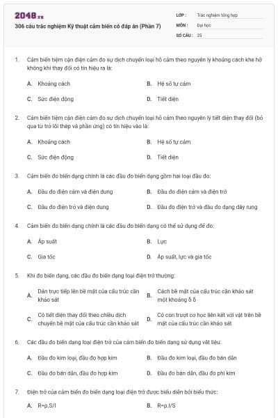 306 câu trắc nghiệm Kỹ thuật cảm biến có đáp án (Phần 7)